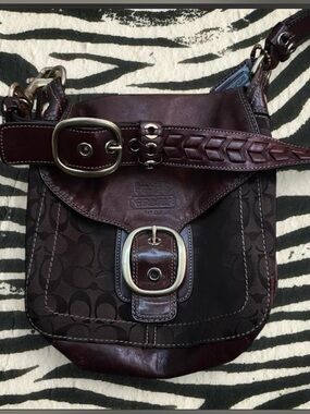 Coach Dark Brown Leather & Canvas Buckle Crossbody